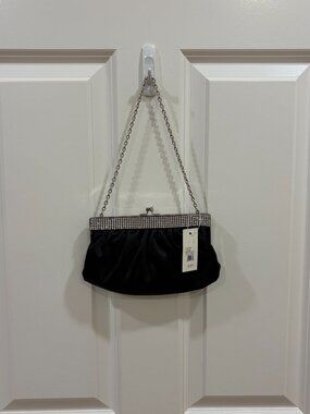 Franchi Black Satin Rhinestone Evening Clutch with Chain Strap NWT